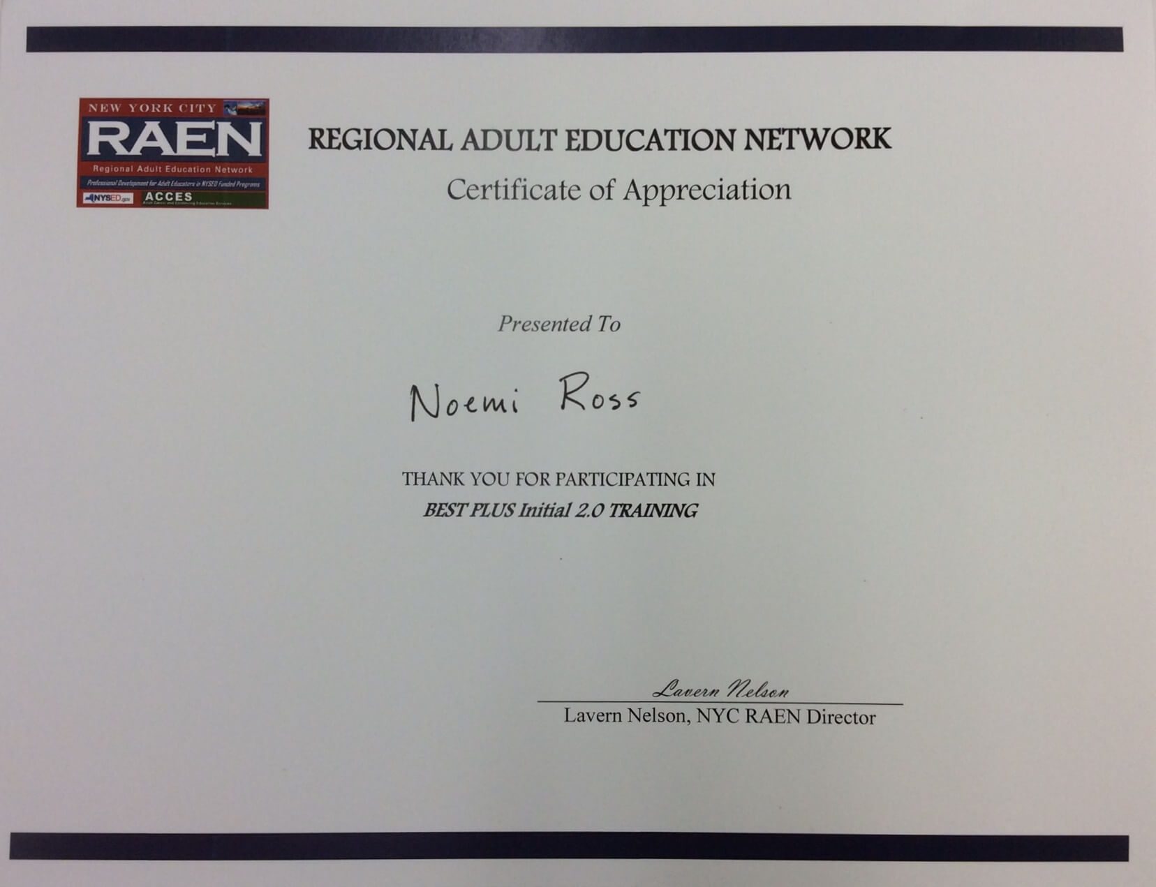 Noemi Ross BEST-Plus 2.0 RAEN Certificate